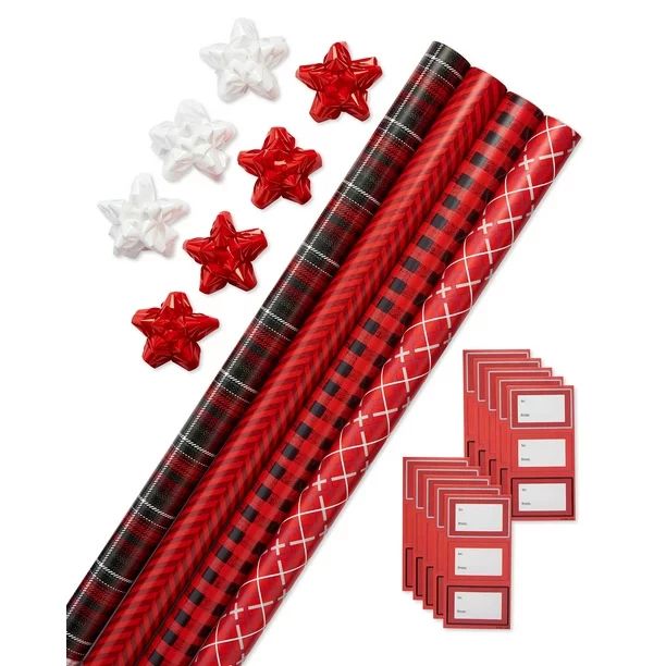 American Greetings Christmas Wrapping Paper Ensemble with Bows and Gift Tags, Red, Black and Whit... | Walmart (US)