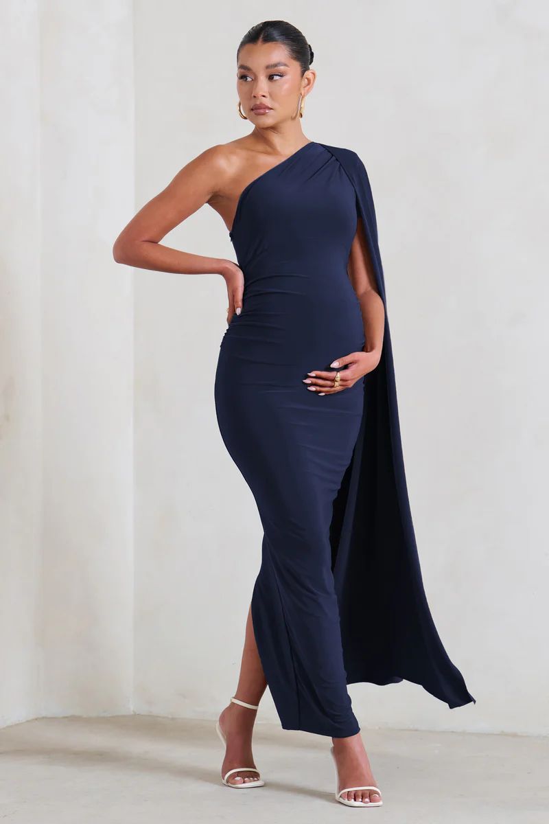 Amaryllis | Navy Maternity One Shoulder Maxi Dress with Cape Sleeve | Club L London