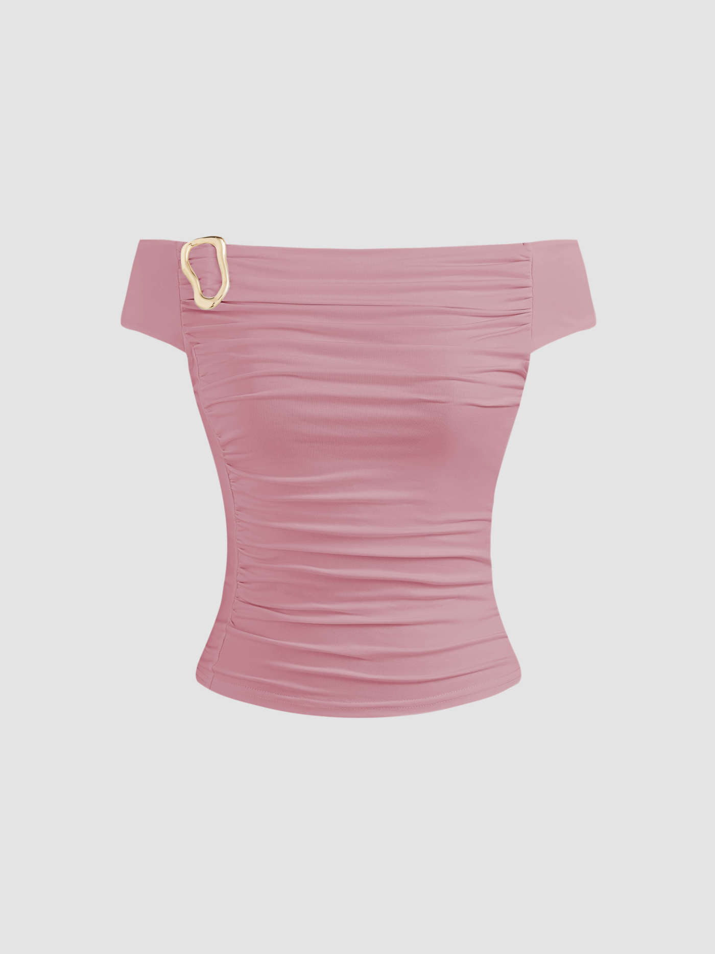 Off-shoulder Solid Ruched Buckle Short Sleeve Top | Cider