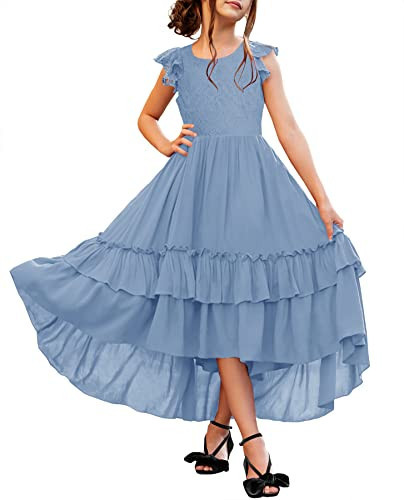 HOSIKA Lace Flower Girls Dress Summer Short Sleeve Princess Vintage Boho Wedding Party A-Line Maxi Dresses 6-12 Years Blue L | Amazon (US)