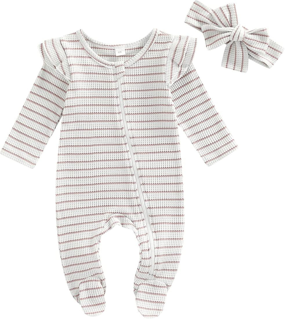 Newborn Baby Girl Clothes Ruffle Baby Sleeper Zipper Footie Romper Playsuit with Headband Outfit | Amazon (US)