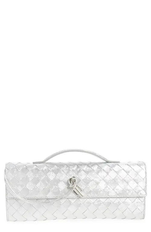 Bottega Veneta Andiamo Intrecciato Satin Clutch in 8101 Silver /Silver at Nordstrom | Nordstrom