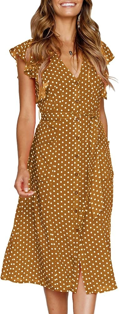 MITILLY Women's Summer Boho Polka Dot Sleeveless V Neck Swing Midi Dress with Pockets | Amazon (US)