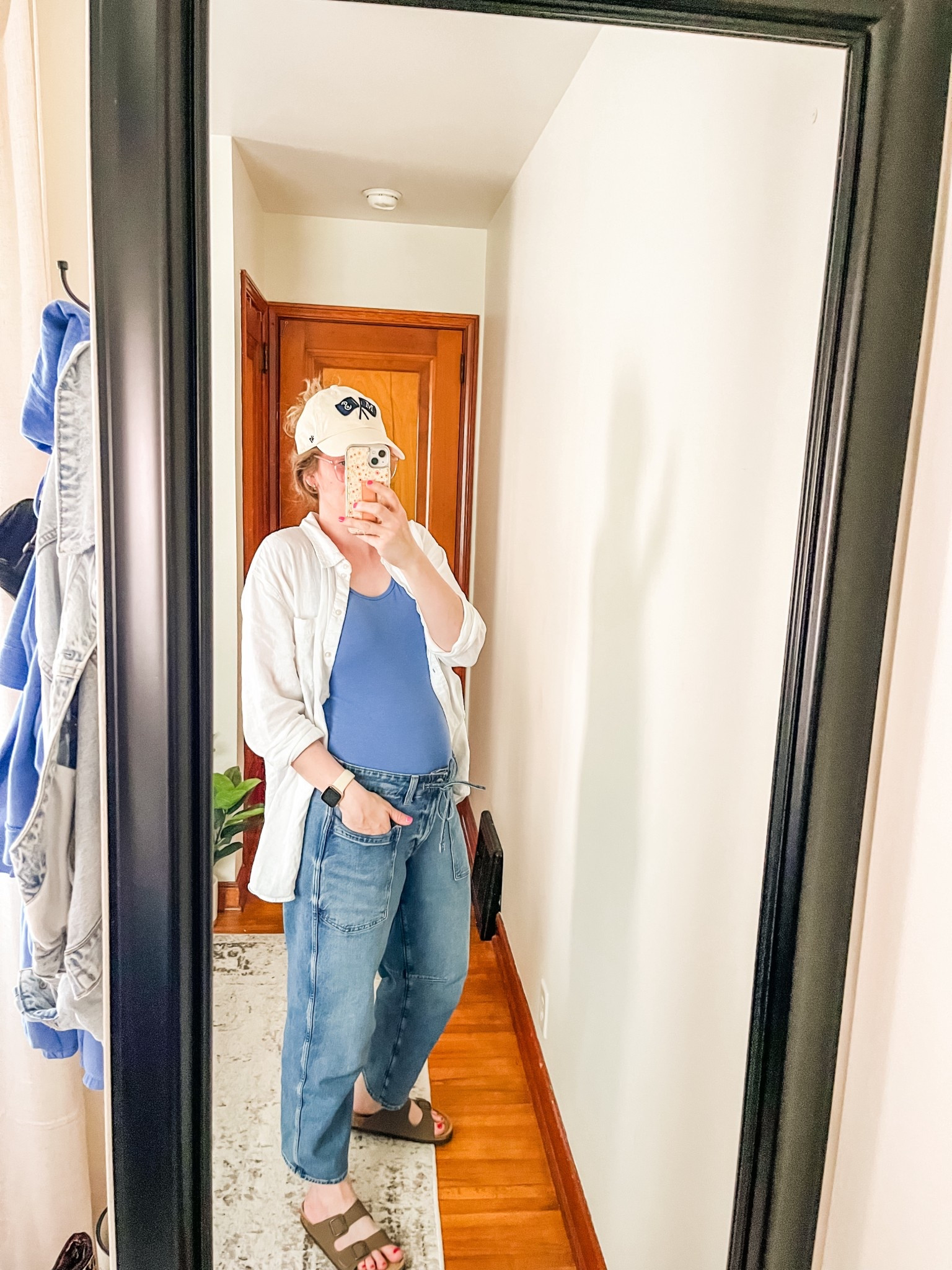 12 week bump fit check ❤️

Size medium in tank, size large in button up, size 4 in low waist jeans! 