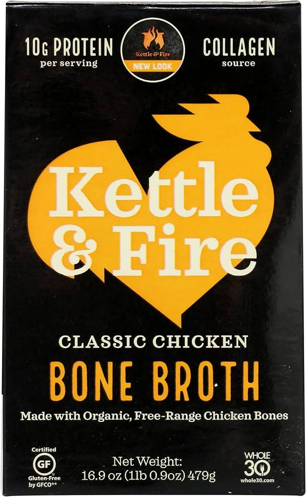 Kettle & Fire Classic Chicken Bone Broth, 10g Protein, Whole30, Gluten Free, 16.9 Oz (Pack of 6) | Amazon (US)
