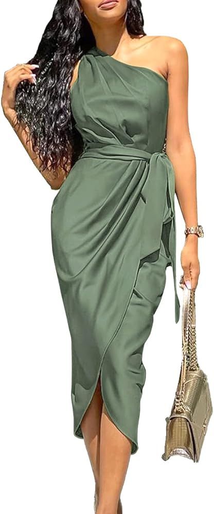 PRETTYGARDEN Women's Ruched Bodycon Dress Asymmetrical Sleeveless One Shoulder Wrap Satin Belted ... | Amazon (US)
