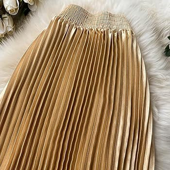 TONCHENGSD Women's High Elastic Waist Satin Metallic Pleated Accordion Swing Long Maxi Skirt | Amazon (US)