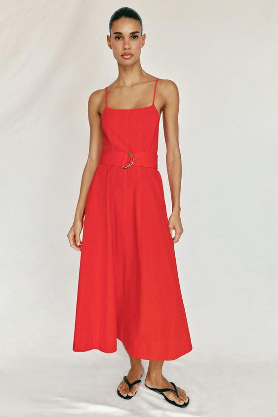 Zara - Belted Poplin Midi Dress - Red - Xs - Woman | Zara US