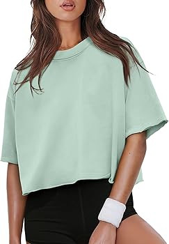 Oversized Crop Tops for Women Workout Short Sleeve Drop Shoulder Tee Shirts Athletic Running Tops... | Amazon (US)