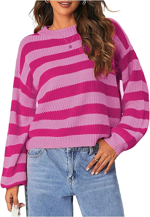 SOLY HUX Women's Color Block Striped Knit Tops Casual Long Sleeve Drop Shoulder Sweater Pullovers | Amazon (US)