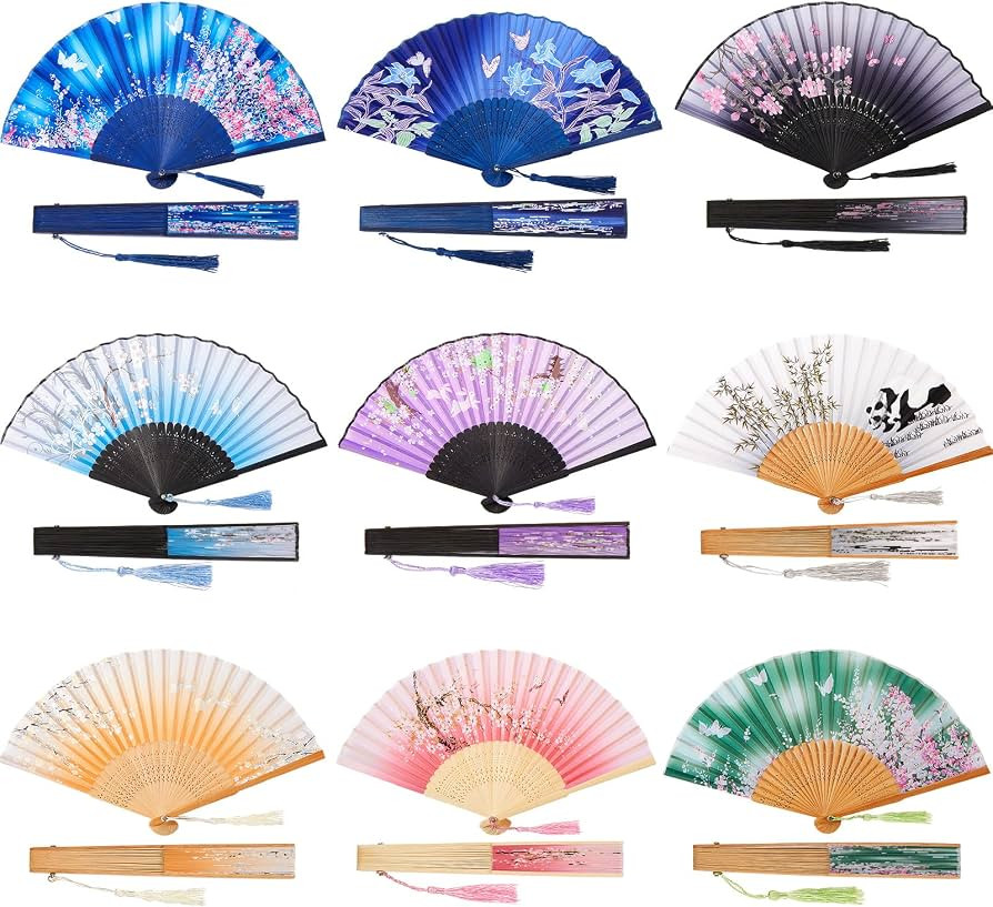 Jetec 9 Pieces Floral Folding Hand Fans Chinese Style Bamboo Folding Fan Handheld Fabric Folding ... | Amazon (US)