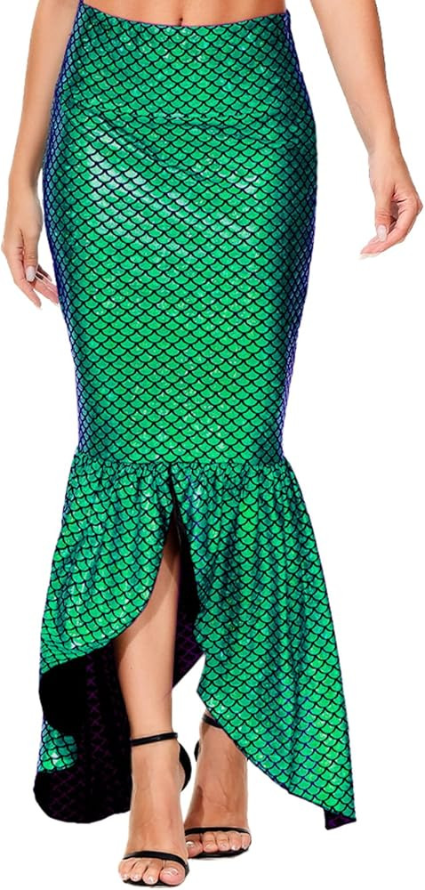 AOBUTE Women Mermaid Costume Skirt Shiny Maxi Fish Skirts Halloween Cosplay Outfits | Amazon (US)