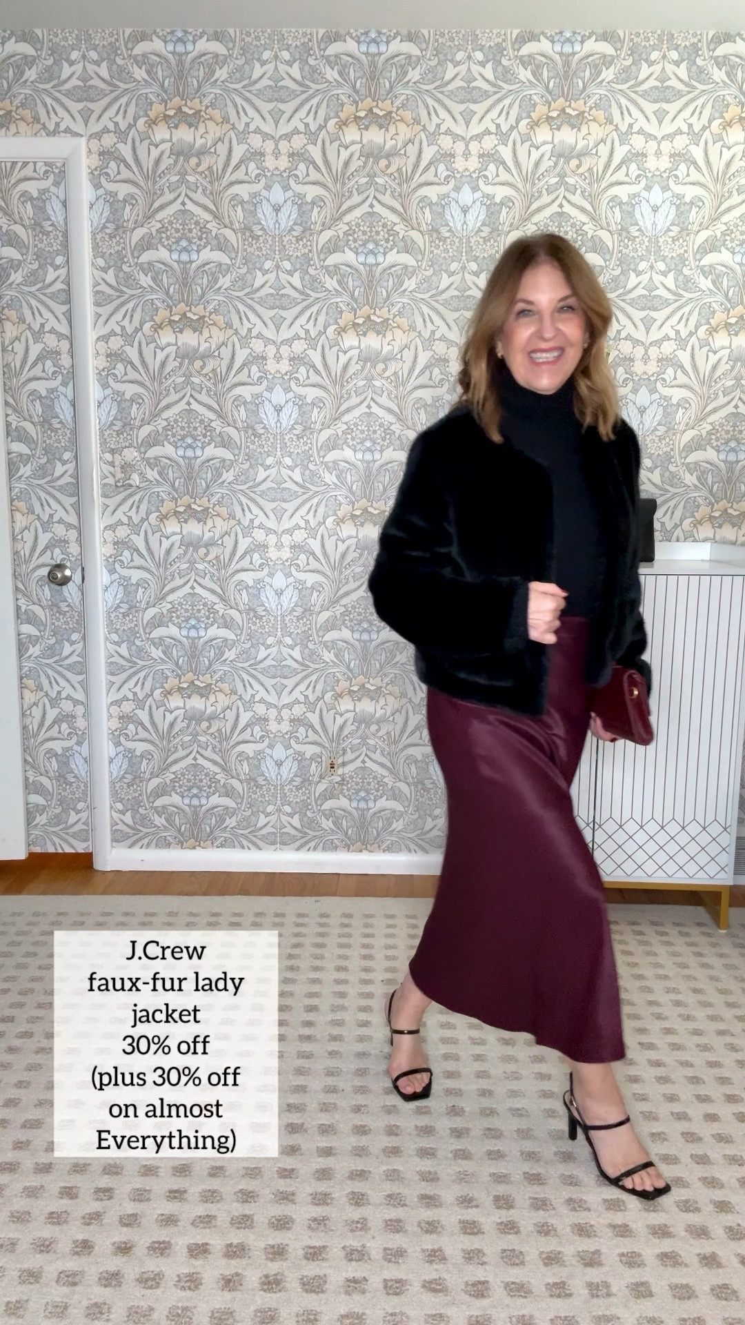 Wear a faux fur lady jacket and turtleneck with a slip skirt for a holiday look. All fit tts.

#LTKOver40 #LTKHoliday #LTKSaleAlert