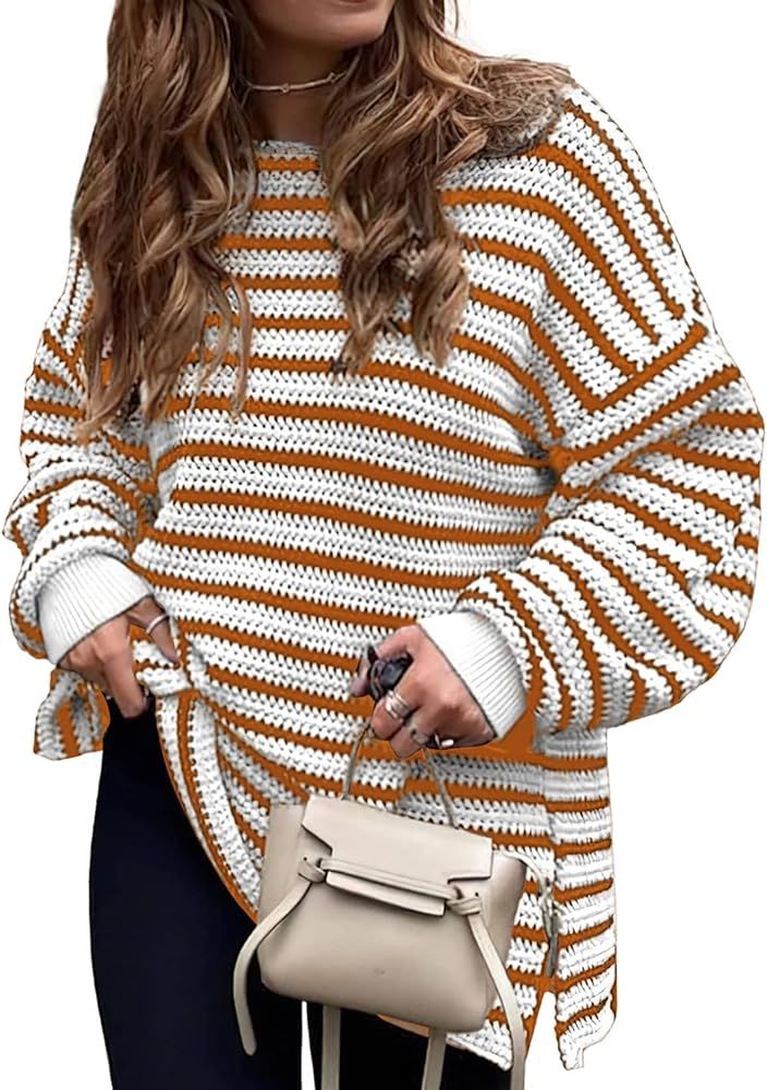 Dokotoo Sweaters for Women Crewneck Long Sleeve Striped Color Block Loose Knit Pullover Sweater T... | Amazon (US)