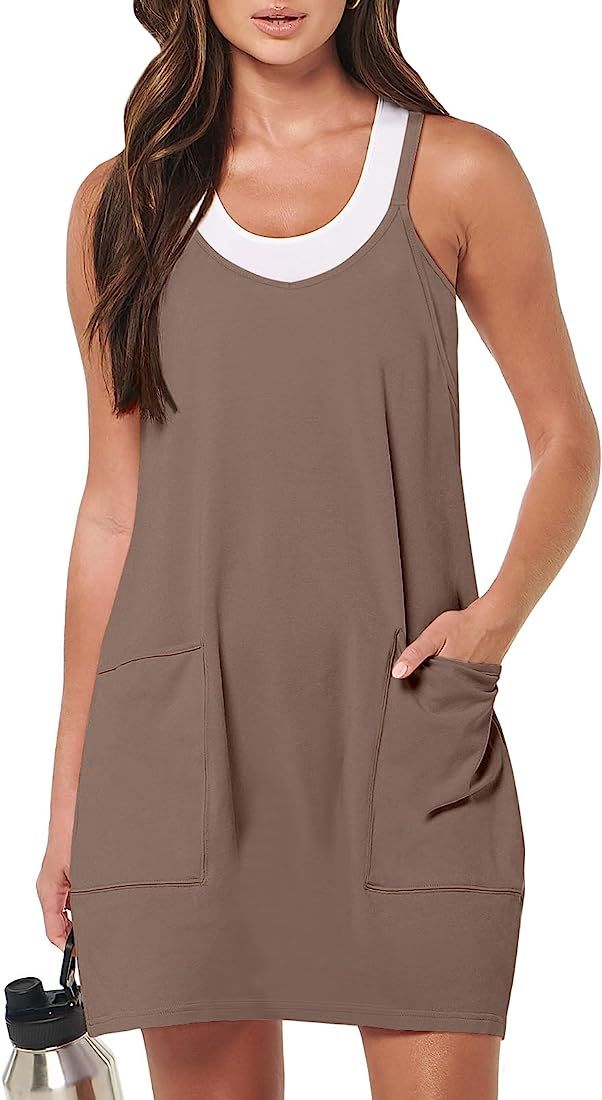 Caracilia Womens Summer Mini Dress 2023 Casual Sleeveless Spaghetti Strap Sundress Athletic Short Te | Amazon (US)