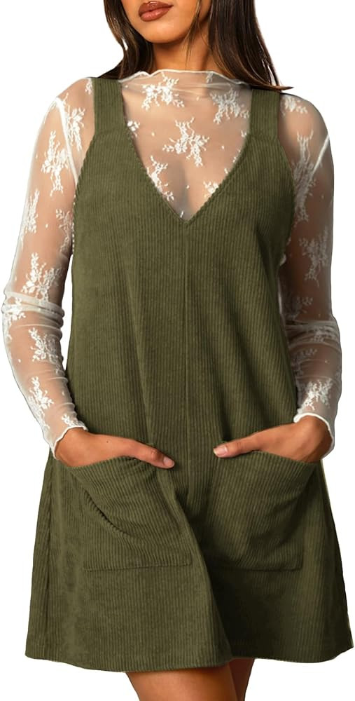 Navneet Corduroy Overall Dress for Women V Neck Sleeveless Pinafore Jumper Mini Dress with Pocket... | Amazon (US)