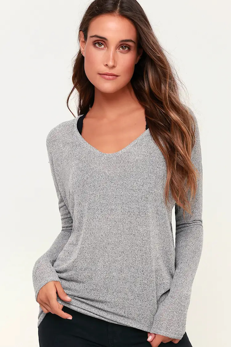 Bevin Heather Grey Knit Long Sleeve V-Neck Sweater Top | Lulus (US)