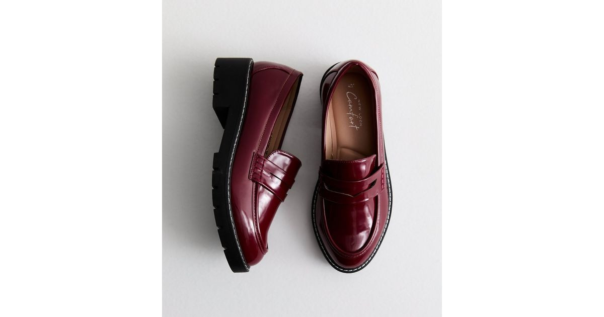 Burgundy Patent Faux Leather Chunky Loafers | New Look | New Look (UK)