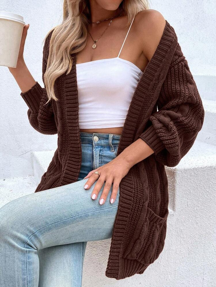 EMERY ROSE Women's Casual Twist Cable Pattern Drop Shoulder Long Sleeve Knit Cardigan, Autumn | SHEIN