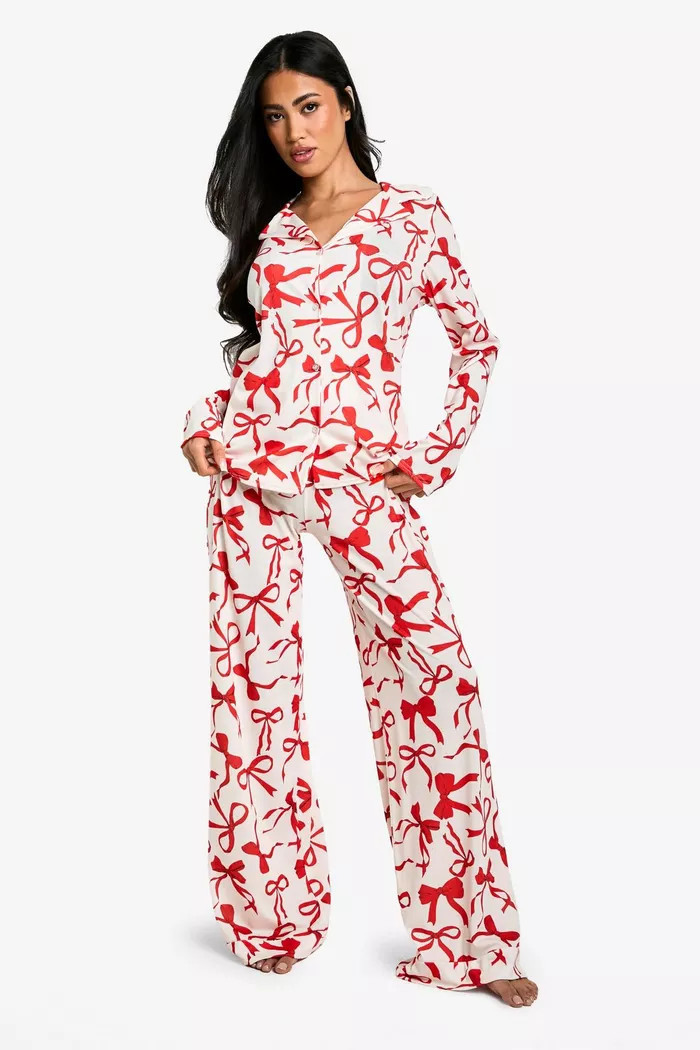 Valentines Bow Print Long Sleeve Shirt & Trouser PJ Set | boohoo (US & Canada)