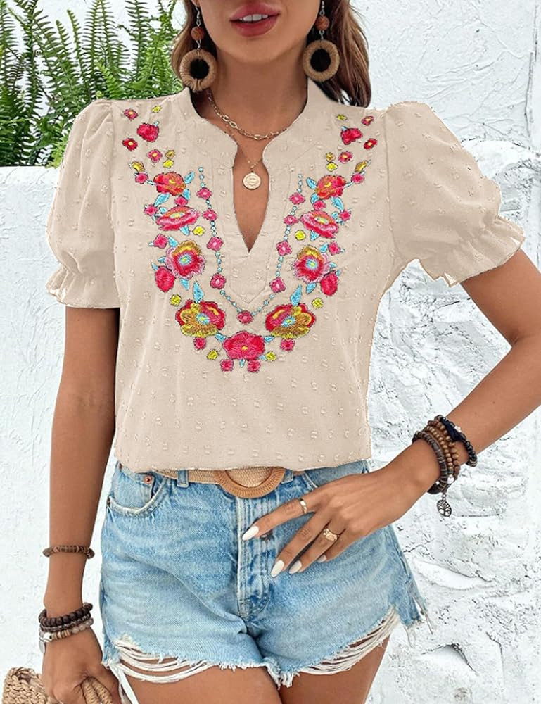 ZILIN Women's Casual Floral Embroidered V Neck Boho Short Puff Sleeve Shirts Loose Summer Blouses... | Amazon (US)