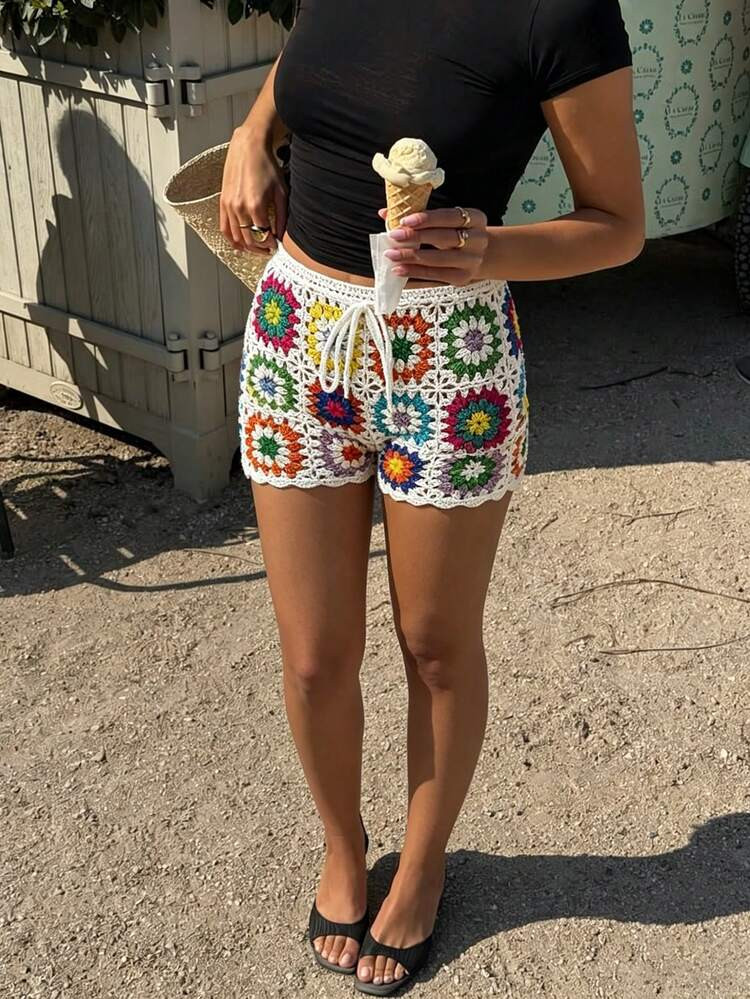 Selianne Spring/Summer Vacation Casual Beach Colorful Floral Crochet Tie-Up Shorts For Women | SHEIN