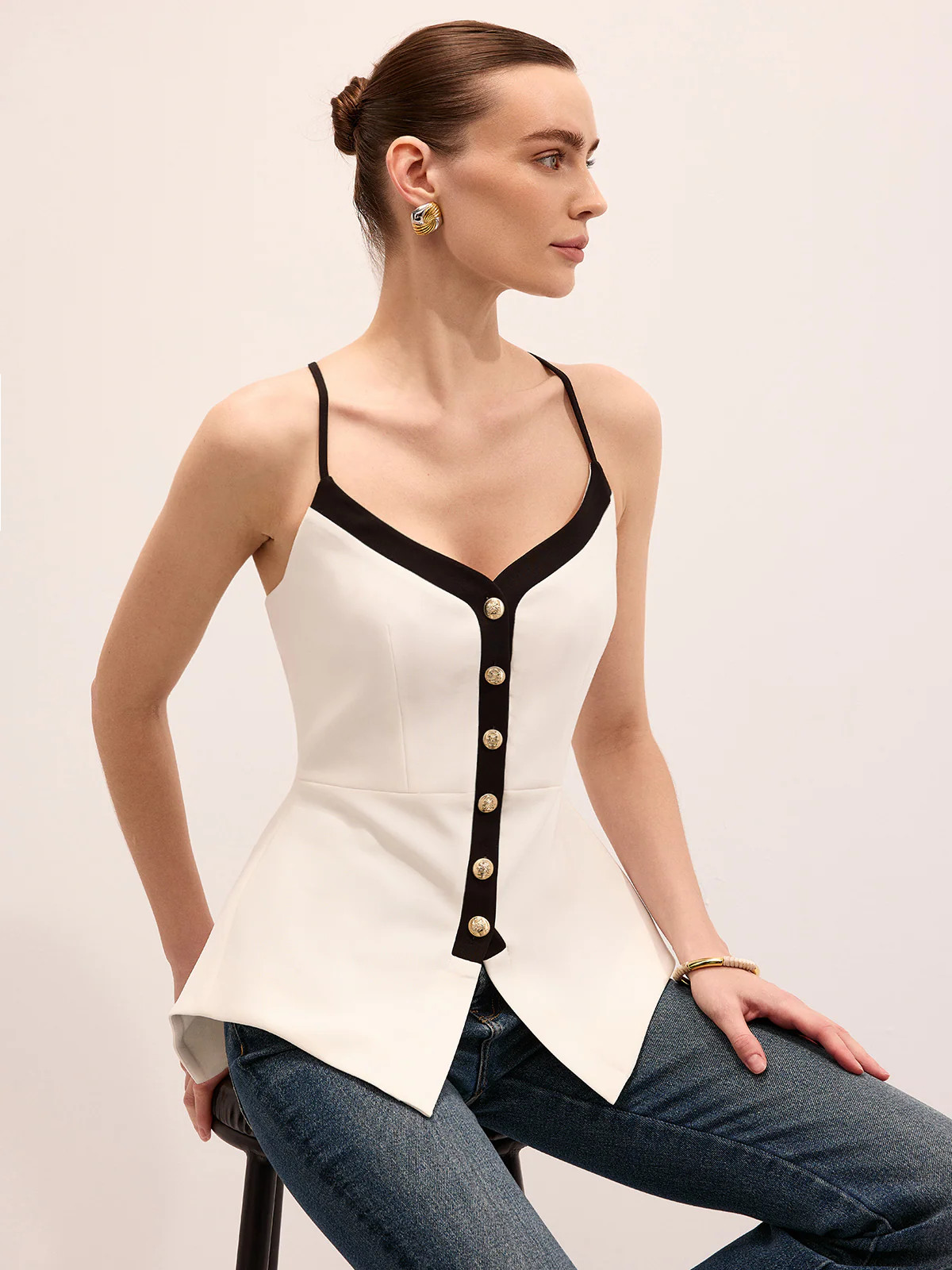 Metal Button Peplum Cami Top | Commense