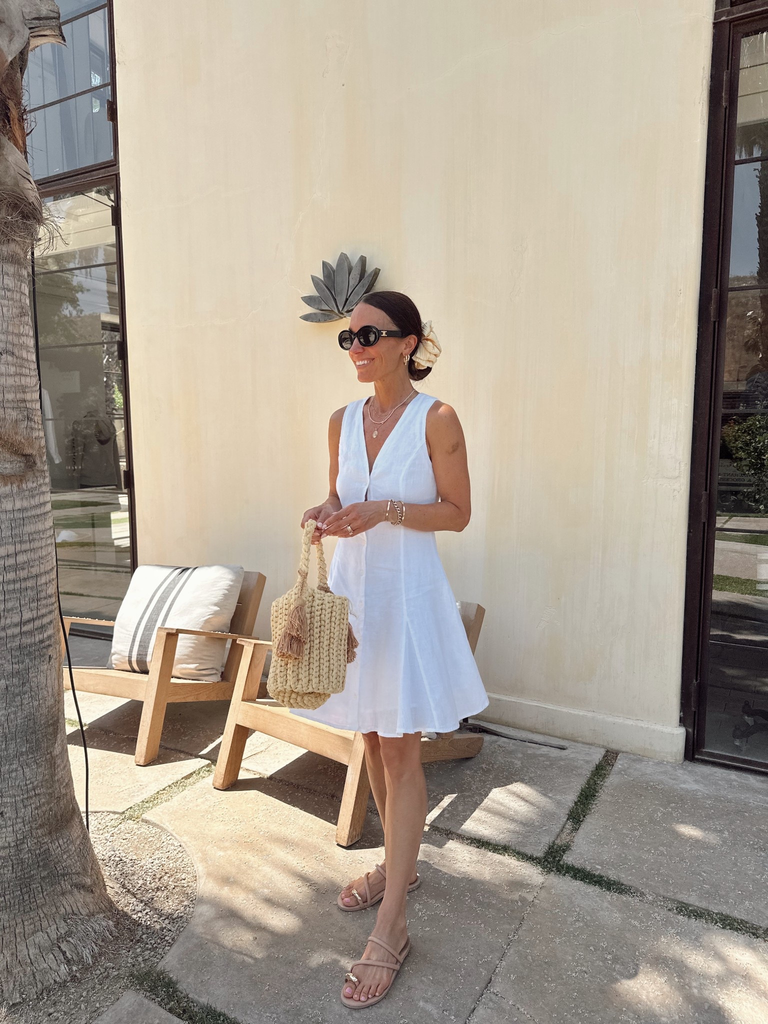 Little white linen dress from last summer was restocked 
Lined and so comfortable 
Petite sizing, but wet up one size 
My sandals are from beek by two birds (can’t link here) and on sale this weekend (ITSYBITSY BIRD style) 

#LTKPetite #LTKOver40