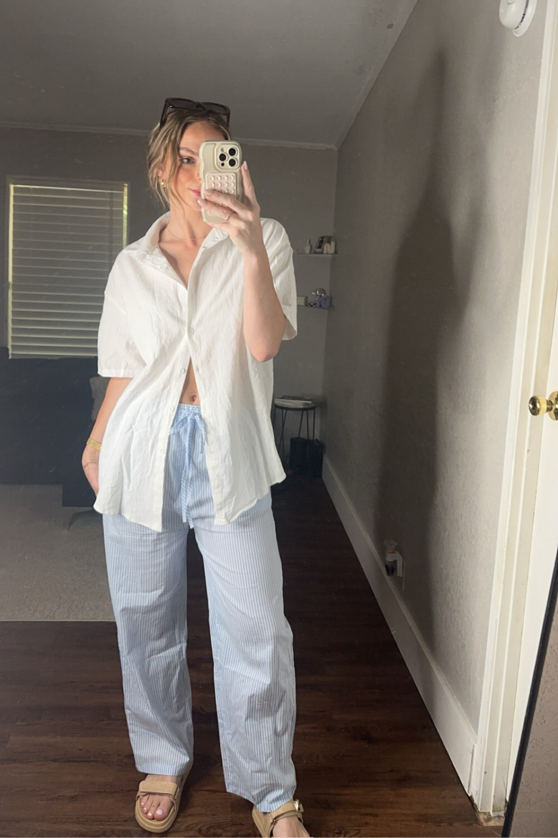 Medium in both! ⛅️Beach outfit, vacation outfit, summer outfit, spring outfit, Amazon fashion, striped pants, linen pants, dad, sandals, button-down shirt travel outfit idea resort wear 

#LTKtravel #LTKstyletip #LTKSeasonal
