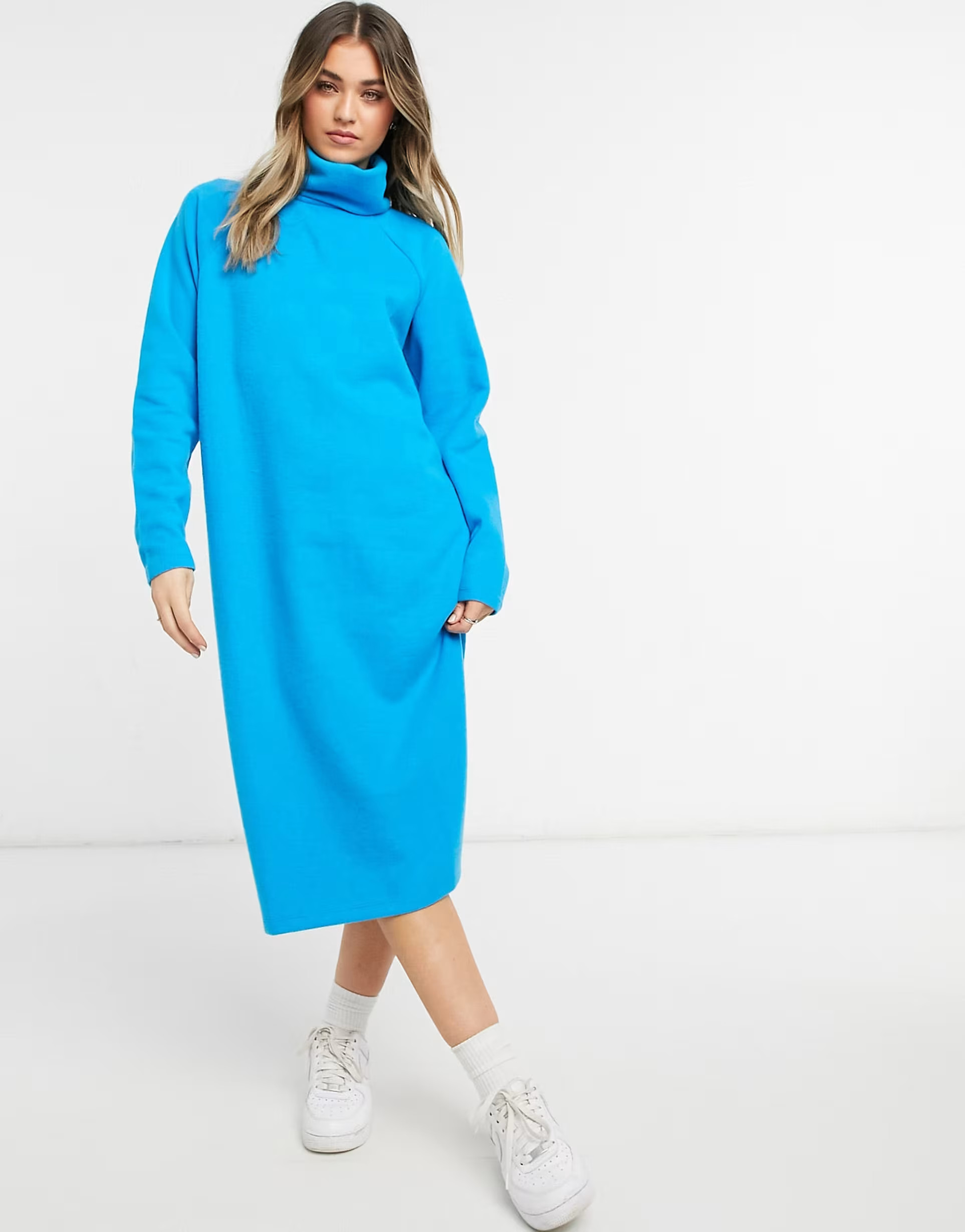 ASOS DESIGN super soft exposed seam sweater midi dress with cowl neck in blue | ASOS (Global)