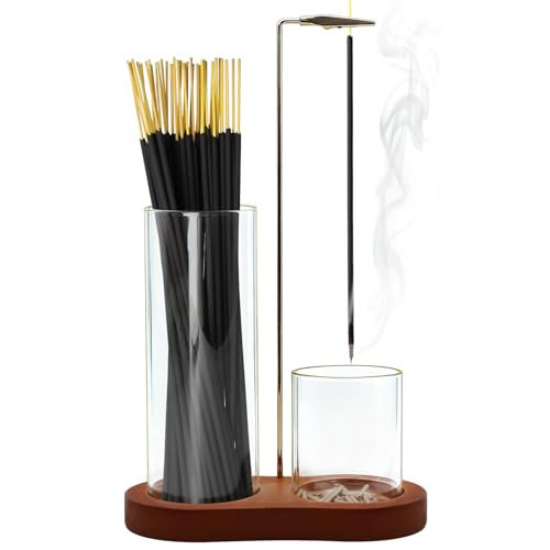 Incense Holder, 2 in 1 Incense Sticks Burner with Glass Ash Catcher & Stick Storage, Meditation Yoga Spa Gifts for Women, House Warming Gifts New Home Wooden Aesthetic Room Decor, Rustic Brown | Amazon (US)