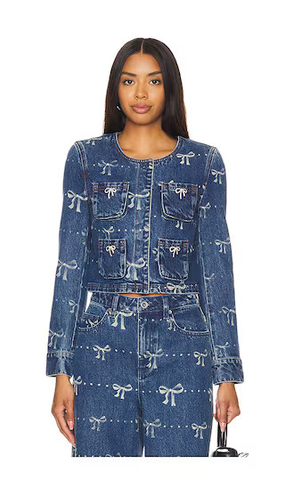 Bow Print Denim Jacket in Blue | Revolve Clothing (Global)