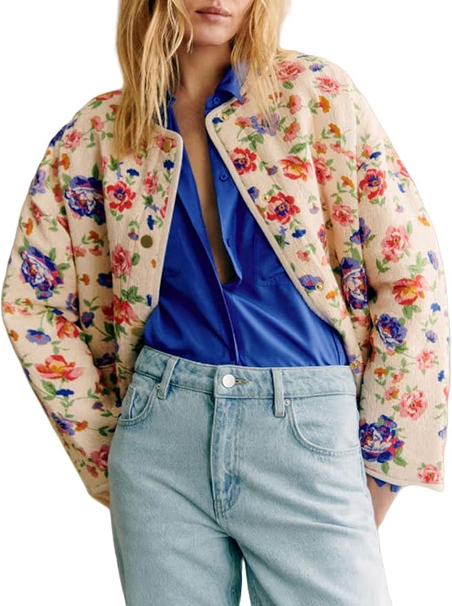 Women's Quilted Puffer Jacket Floral Printed Lightweight Cropped Open Front Cardigans Coats | Amazon (US)