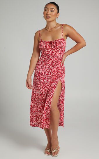 Willa Midi Dress - Ruched Bust Thigh Split Dress in Red Floral | Showpo (ANZ)