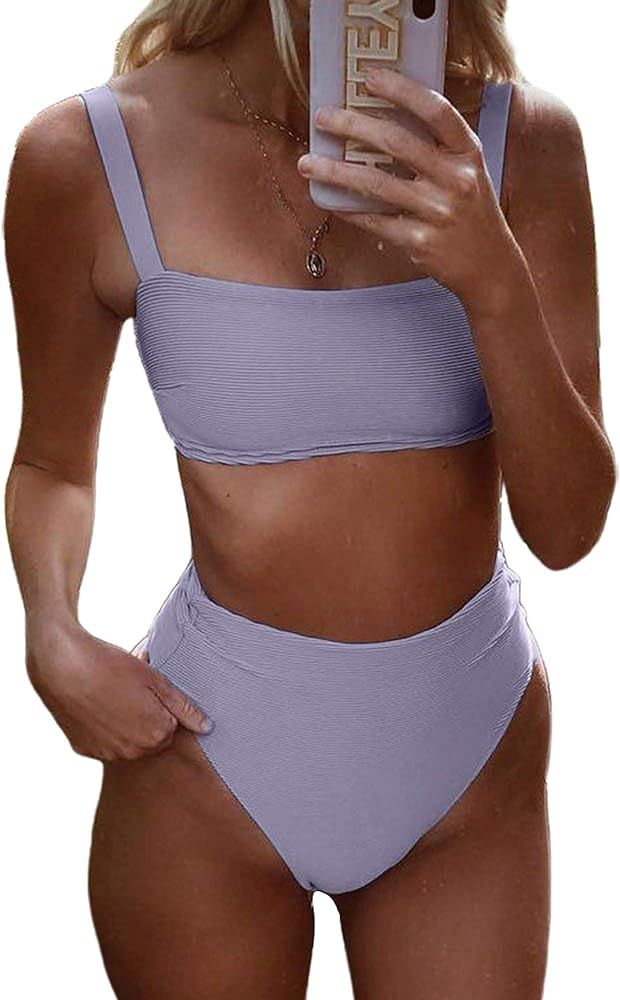 SOFIA'S CHOICE Women's High Waisted Two Piece Bikini Textured Ribbed Swimsuit | Amazon (US)