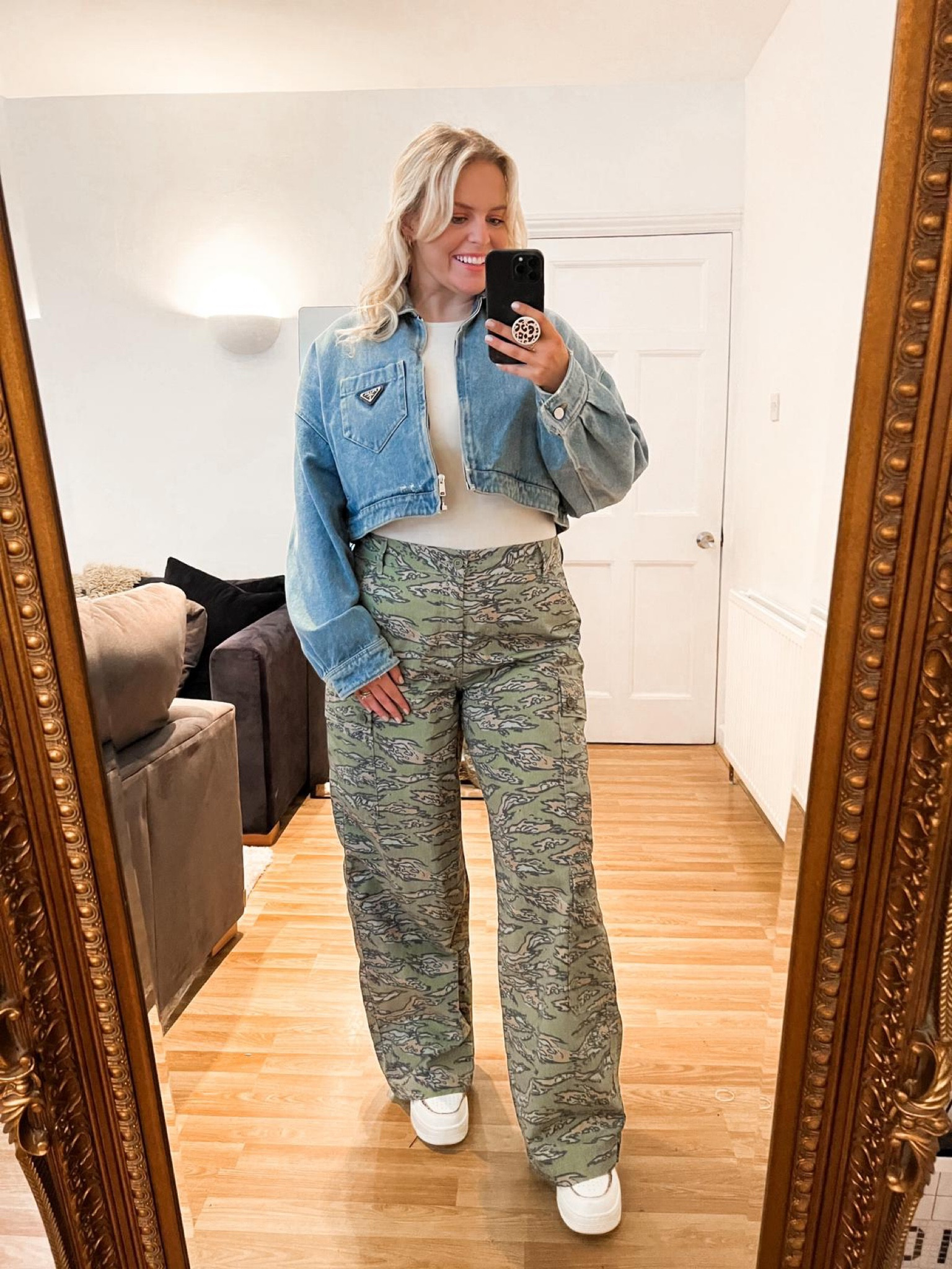 Camo zebra animal patterned trousers, straight jeans, denim cropped jacket, white tshirt, white trainers 

#LTKstyletip #LTKeurope #LTKSeasonal