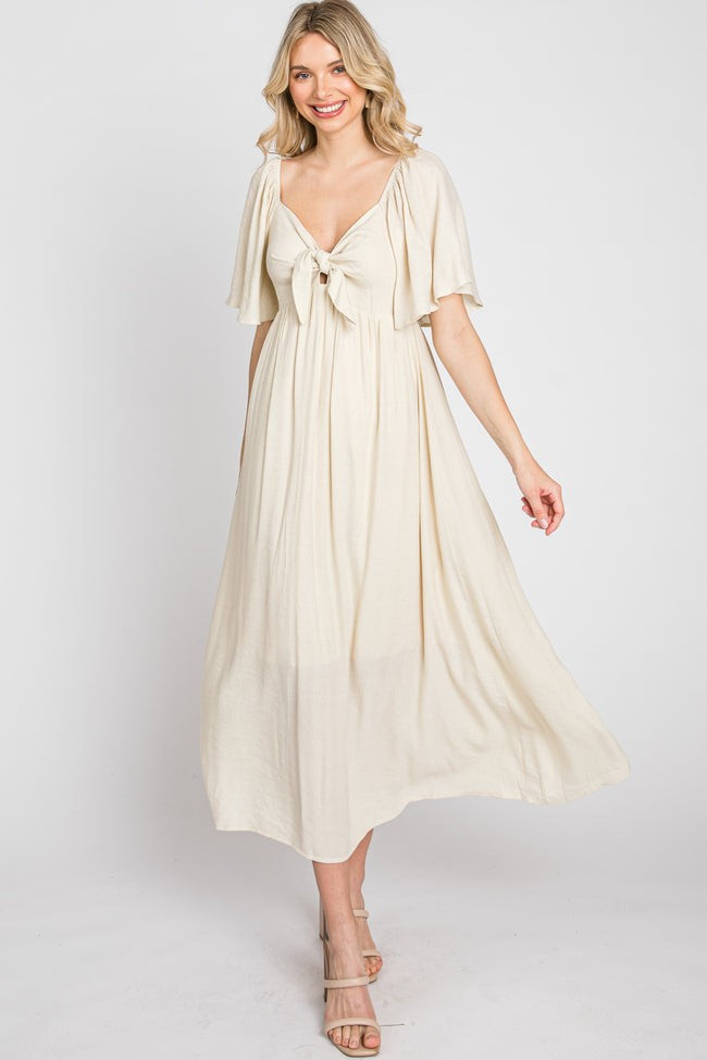 Beige Front Tie Ruffle Sleeve Midi Dress | PinkBlush Maternity