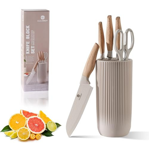 6 PCS Knife Set, LOCCOWOT Stainless Steel Kitchen Knife Set, Super Sharp Knives Set for Kitchen With Universal Round Knife Block (Stylish Khaki Color) | Amazon (US)