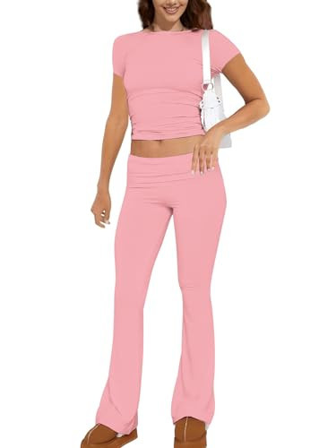 GTETKDE Women's 2 Piece Lounge Sets Casual Y2K Outfits Short Sleeve Crop Top Fold-over Flare Pants Set Tracksuits Pink M | Amazon (US)