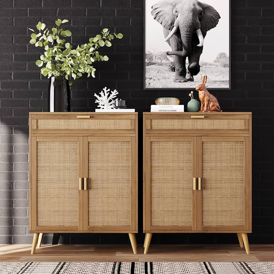 Rovaurx Set of 2 Floor Storage Cabinet with Rattan Doors, Accent Bathroom Cabinet with Large Draw... | Amazon (US)