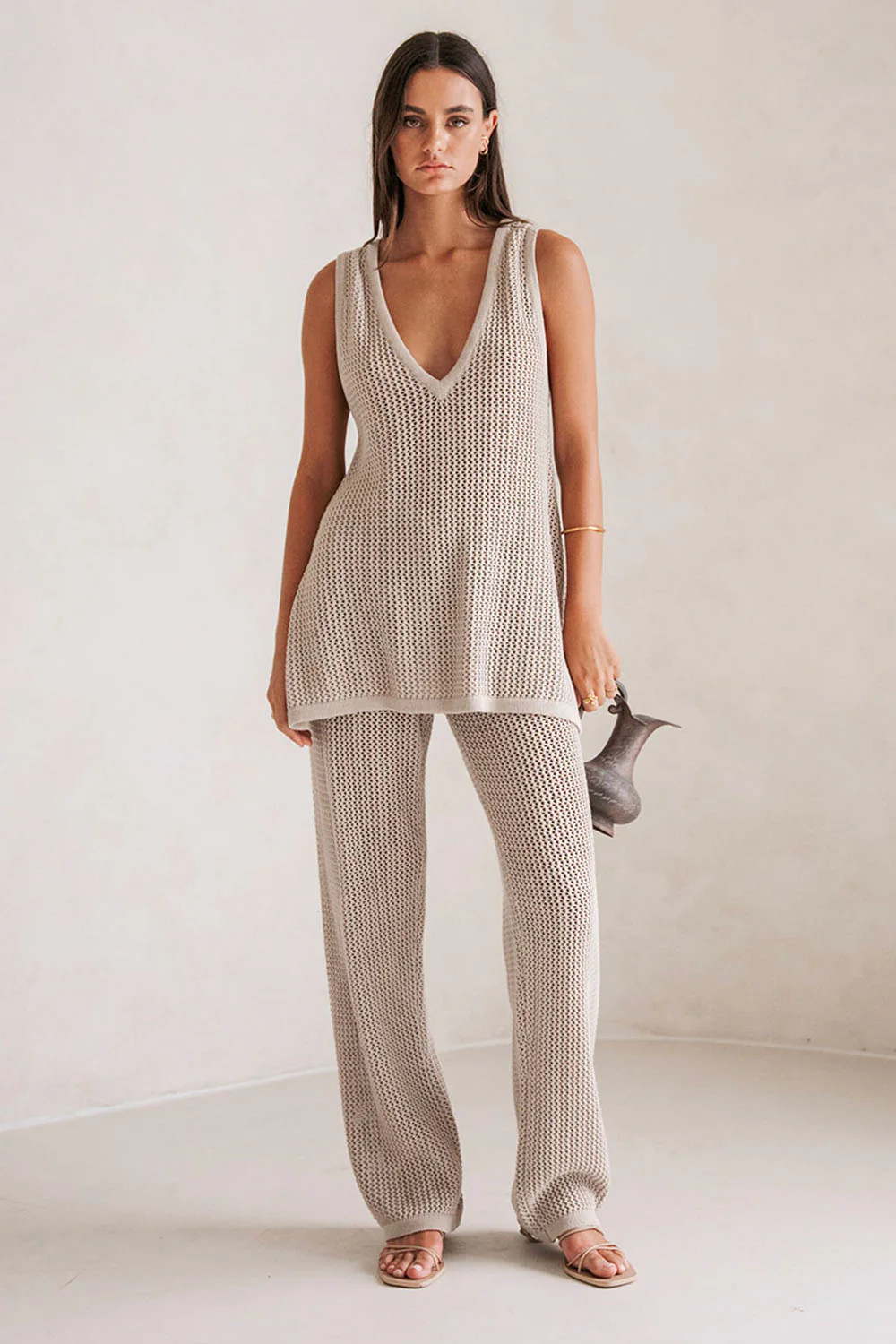Beige Knit Elastic High Waist Ailish Pants | Sabo Skirt AU