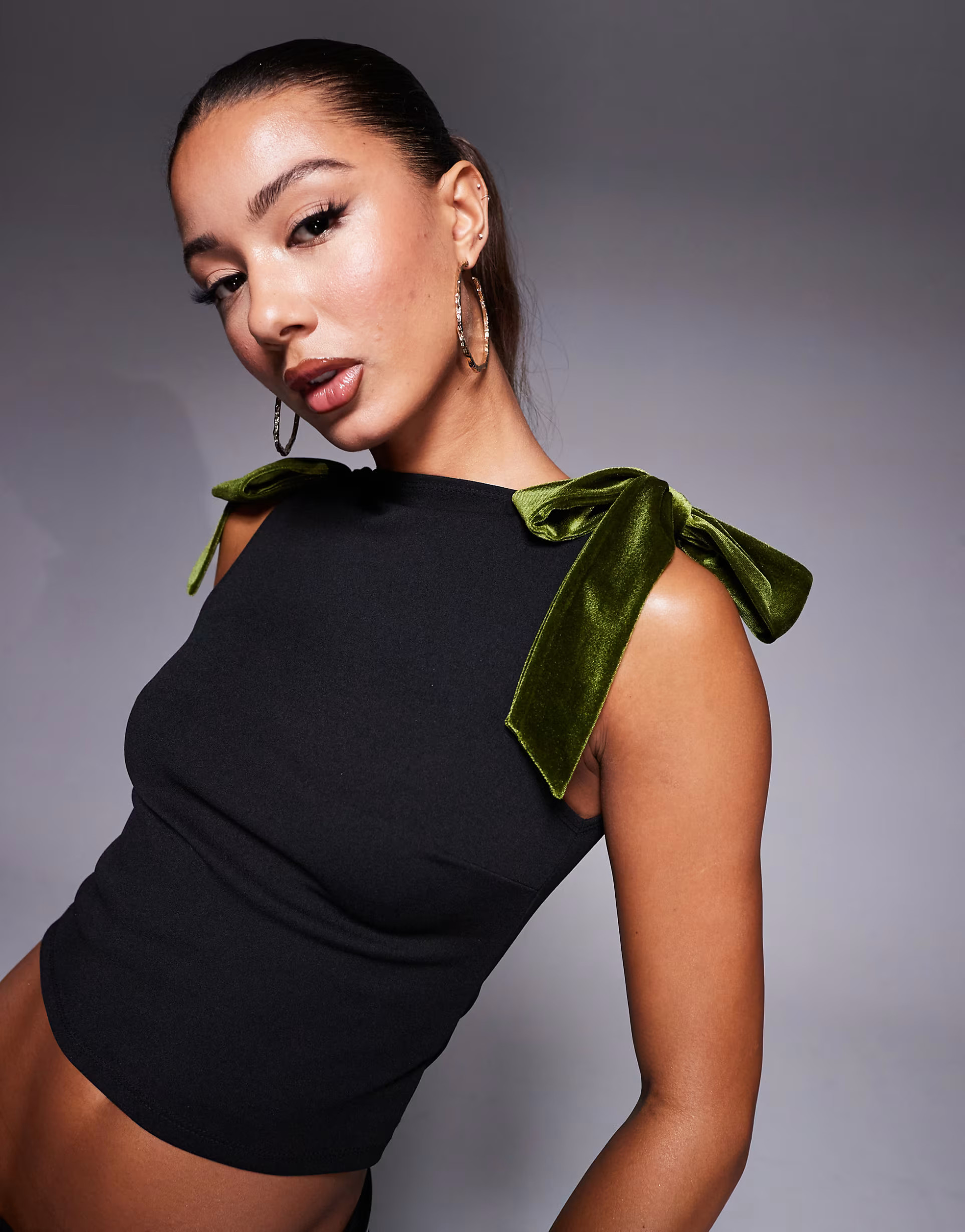 ASOS DESIGN olive green velvet bow straps boat neck top in black | ASOS (Global)