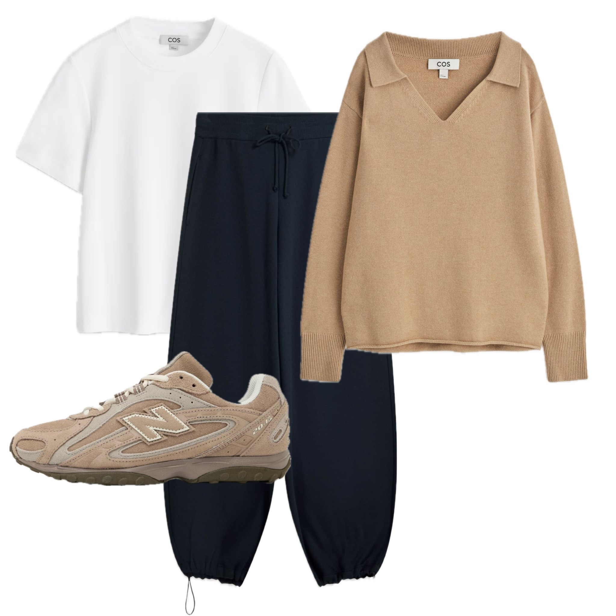 Navy joggers
Tan v neck knit jumper 
New balance 240l
Brown suede trainers 
Cos white boxy t-shirt 
Casual outfits 
Weekend outfit 

#LTKstyletip #LTKuk #LTKwinter