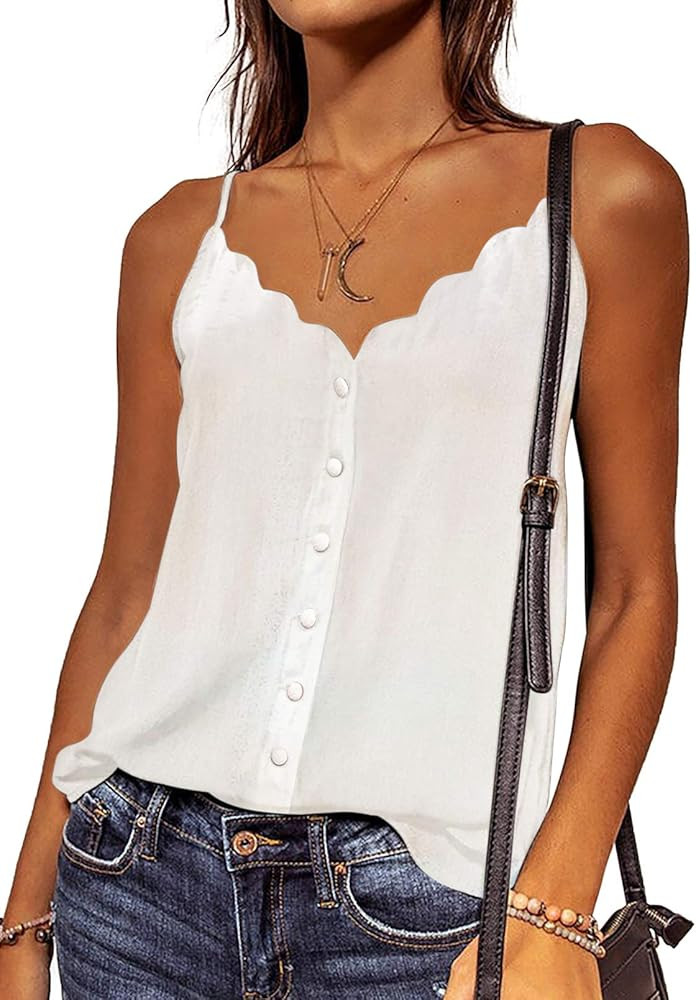 Pevilo Women's V Neck Button Down Strappy Tank Tops Summer Loose Sleeveless Cami Top Shirts | Amazon (US)