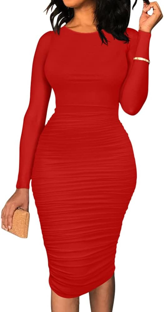 BEAGIMEG Women's Ruched Long Sleeve Elegant Bodycon Basic Casual Midi Dress | Amazon (US)