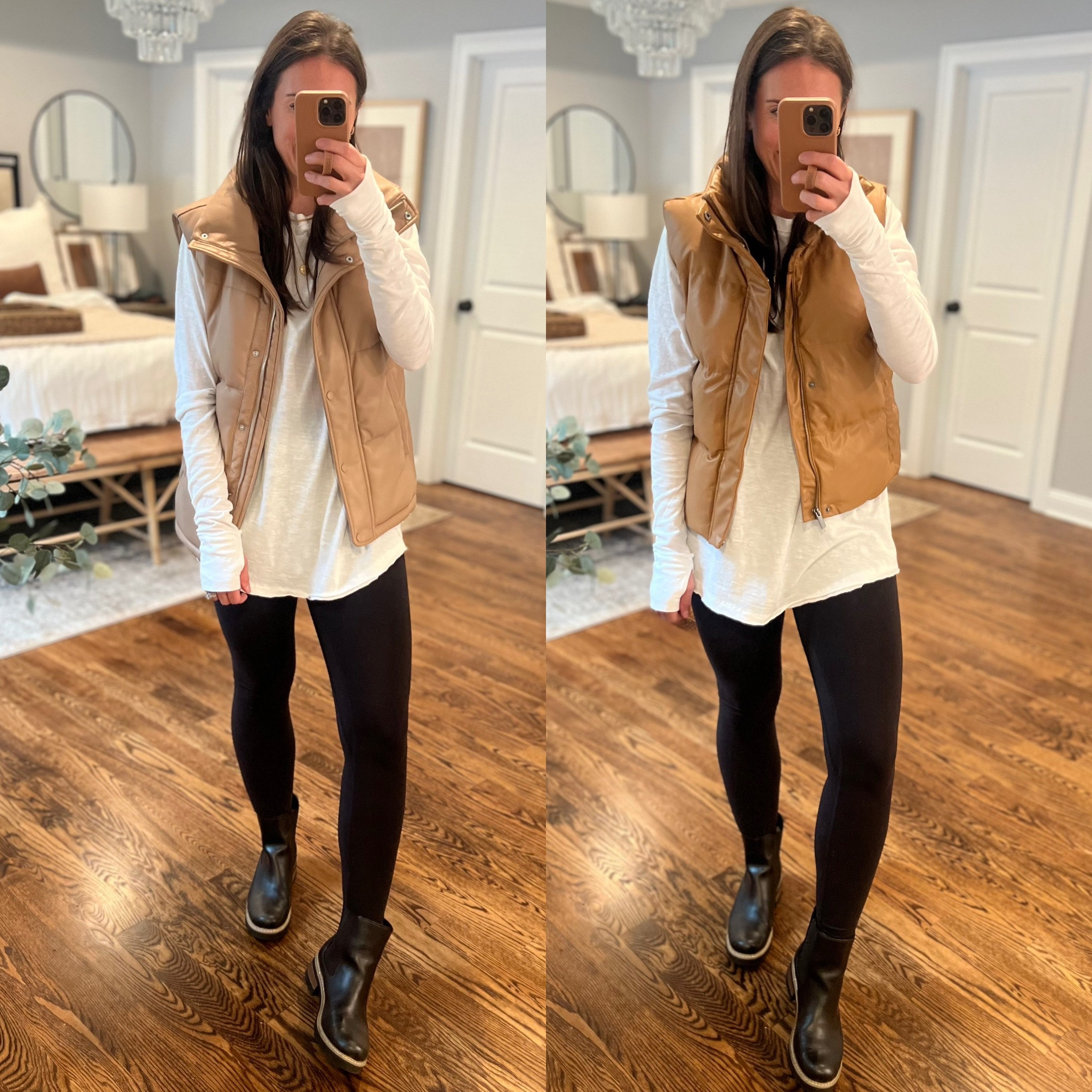 Puffer vests & flare leggings for the look today🎄🤗🎁 . . . . Puffer vest,  brown puffer vest, flare leggings, winter outfit i