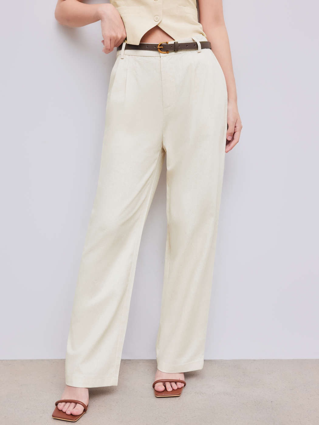 Linen-Blend Solid Wide Leg Pants With Belt | Cider