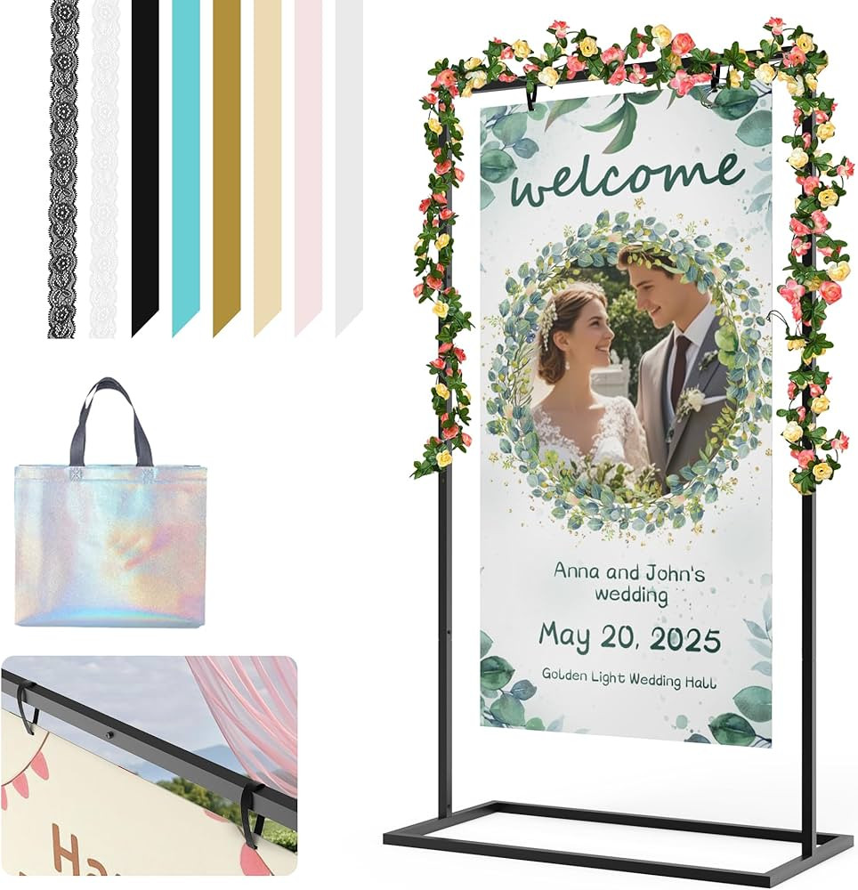 Wedding Sign Holder, Metal Easel Stand for Sign with 8 Pair Satin Ribbon & 2 Pair Leather Sign St... | Amazon (US)