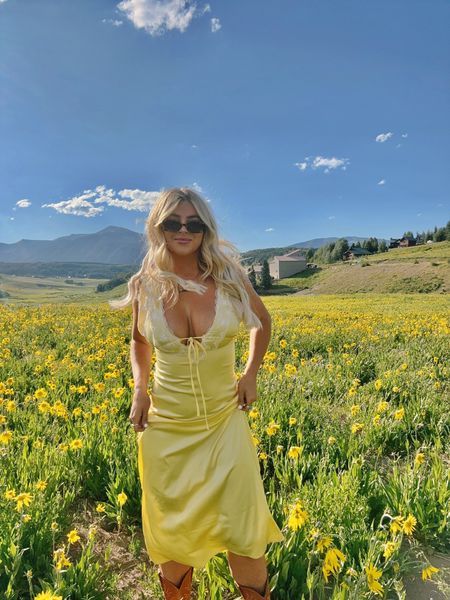 The perfect dress for frolicking in fields of wildflowers. This is the Amazon dupe for a rumors dress. I originally purchased the rumors one and returned bc I didn’t like the fit and like this better !! #amazon #amazondupe #yellowdress #wildflowers #colorado #crestedbutte #mountains #summer #ootd #rumors #maxidress #summerdress #weddingguestdress #cowgirl #country 

#LTKSeasonal #LTKunder50 #LTKFind