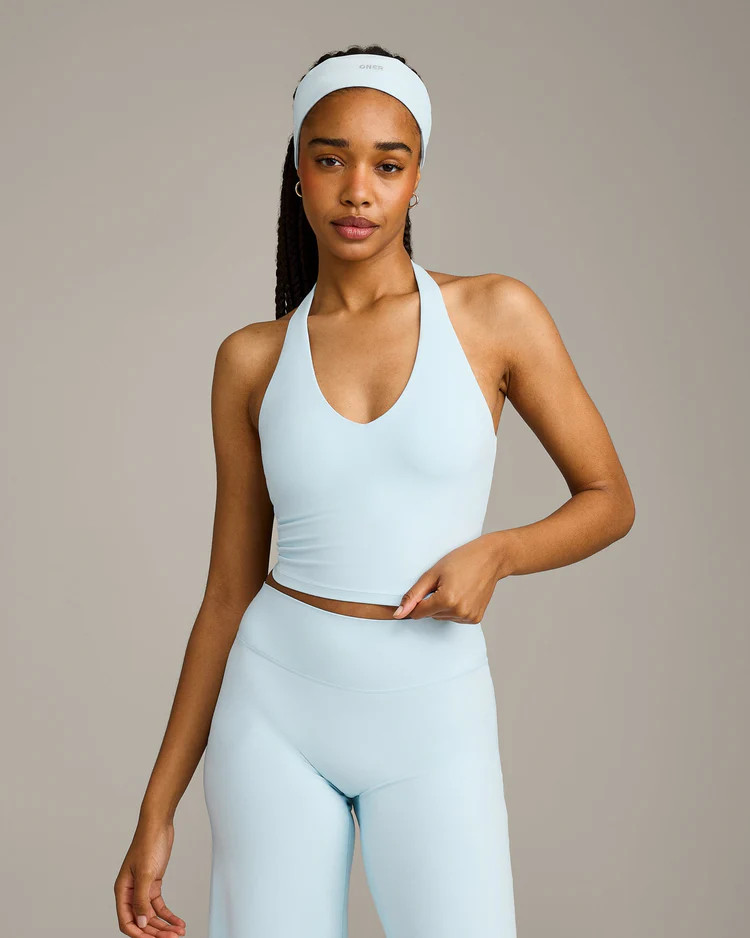 SoftMotion™ Halter Neck Mid Tank Top with Built in Bra Shelf with Gray Logo 
 Cloud Blue | Oner Active (UK / US)
